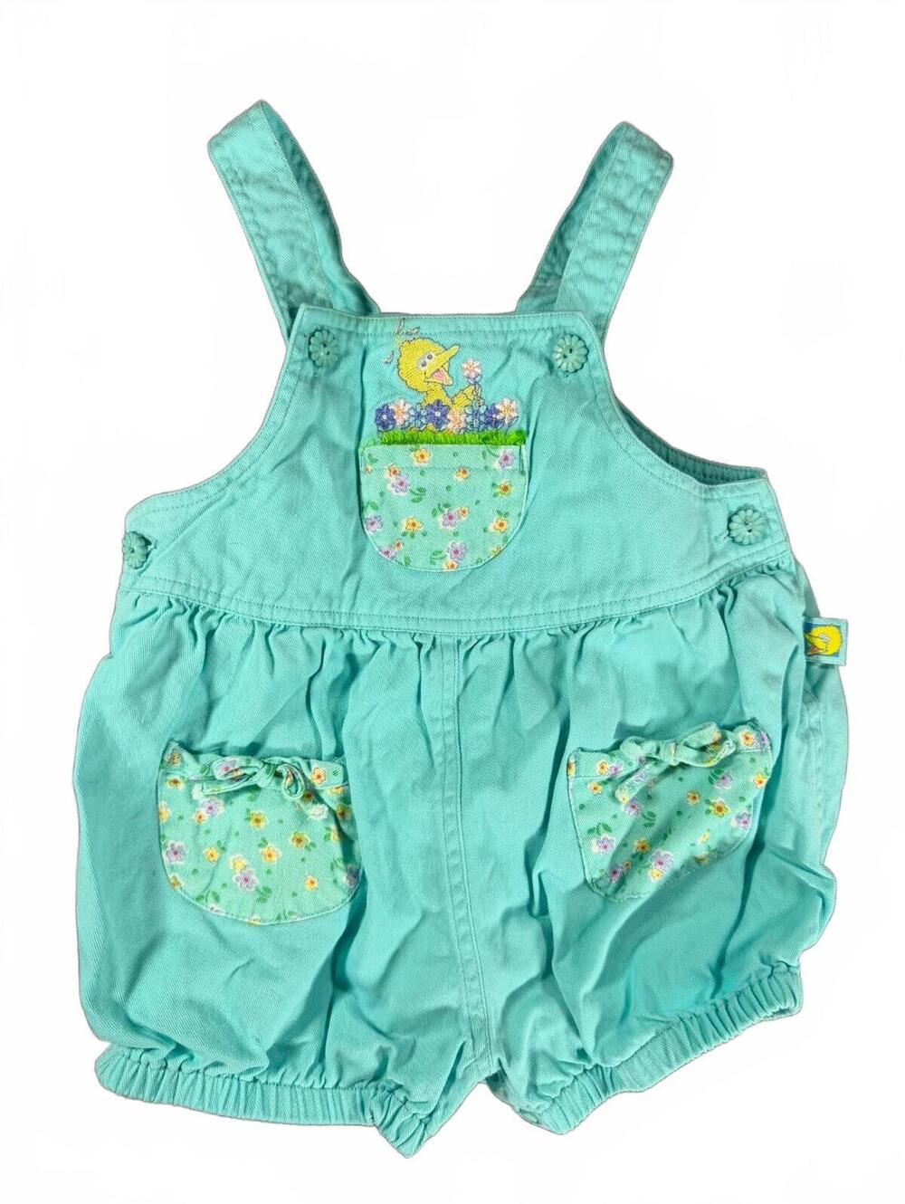 Vintage 1990s Sesame Street Big Bird Floral Bubble Romper Overalls 18M